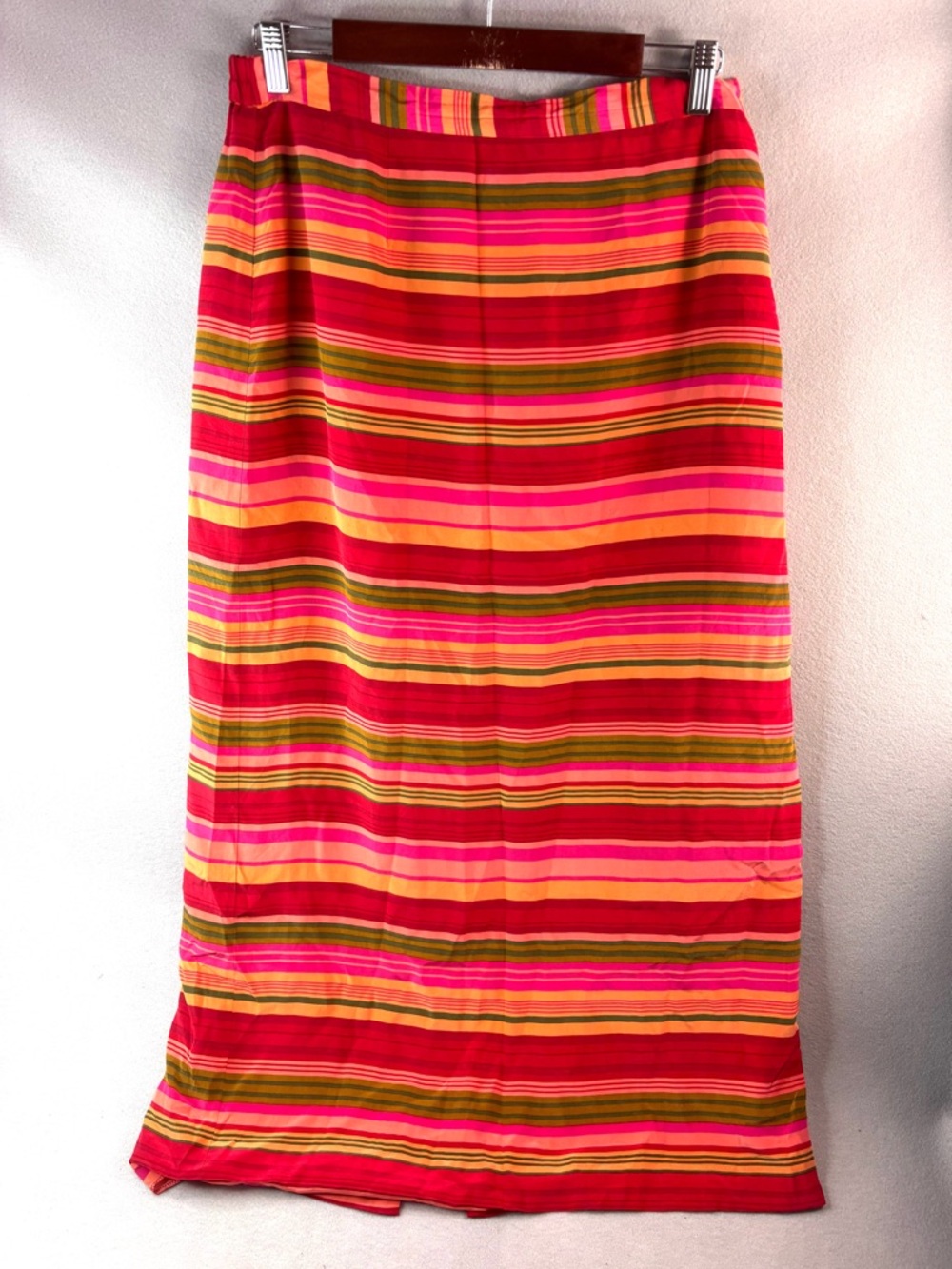 Tribeca Studio 14 Silk Striped Maxi Skirt in Bold Red, Pink and Olive